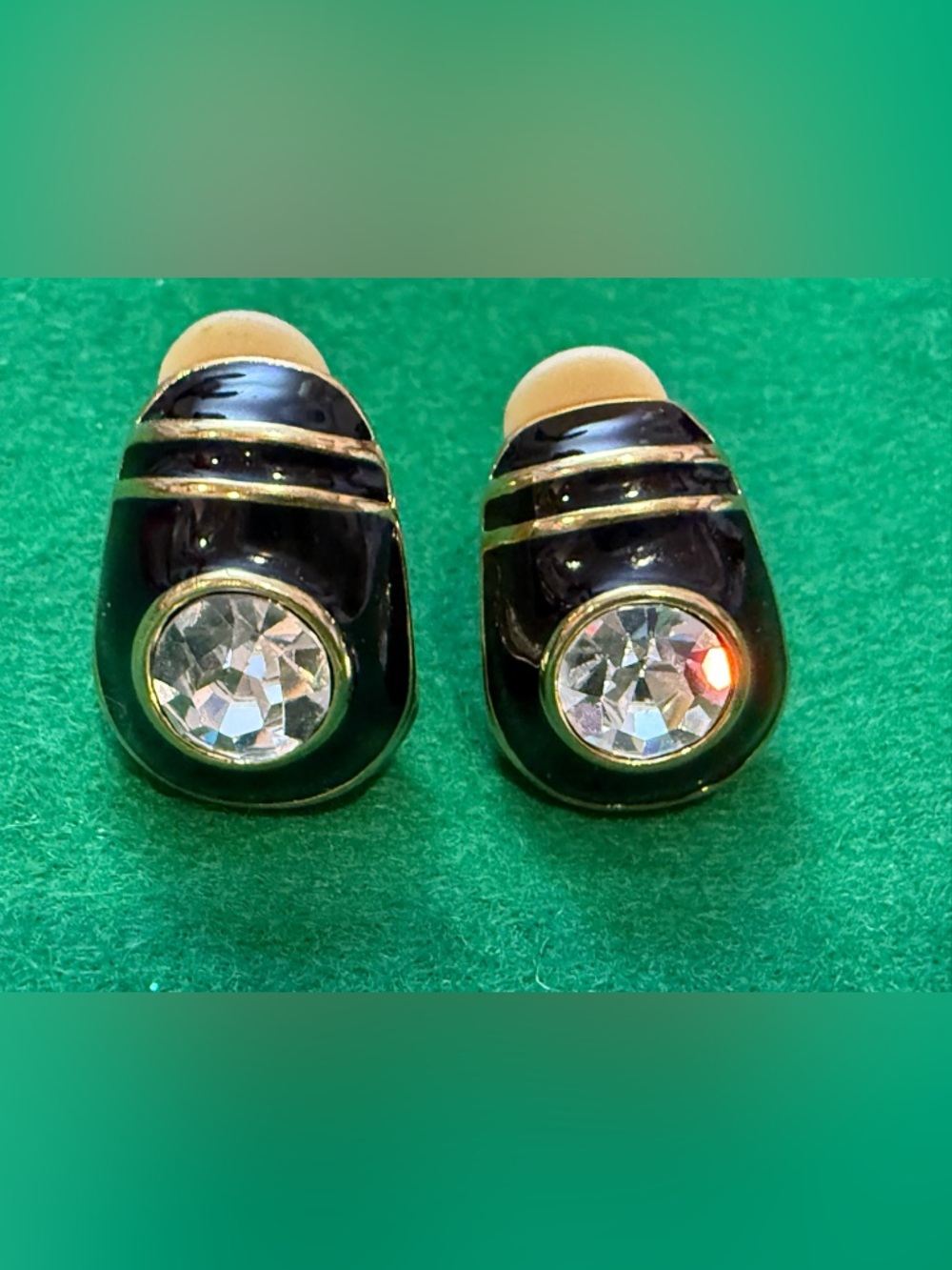 Vintage Black Enamel Gold Tone Shrimp Earrings w/ Large Rhinestone Clip On